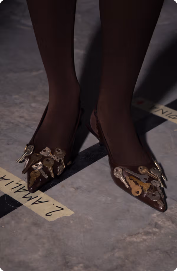 Dark pointed shoes decorated with gold ornaments.