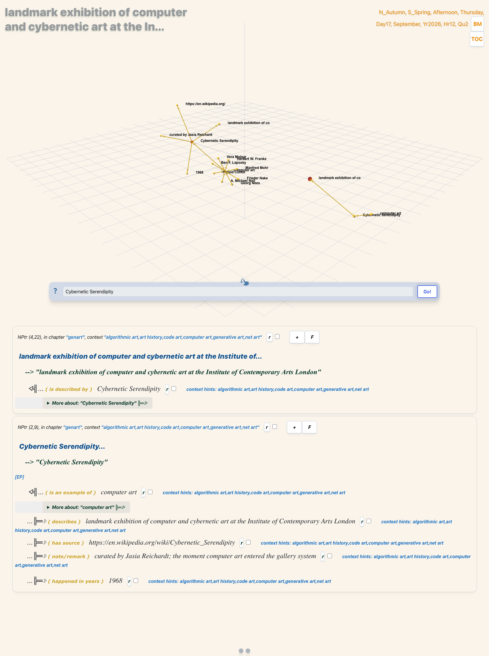 SSTorytime viewer showing the Cybernetic Serendipity node