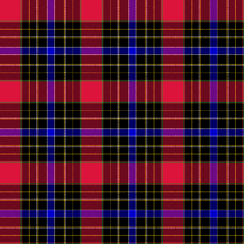 Royal Stewart tartan specimen rendered as a 2/2 twill weave in madder red, woad blue, and dark green