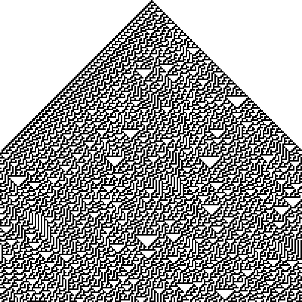 Cellular automata specimen showing discrete state transitions rendered as spacetime diagram with pen strokes