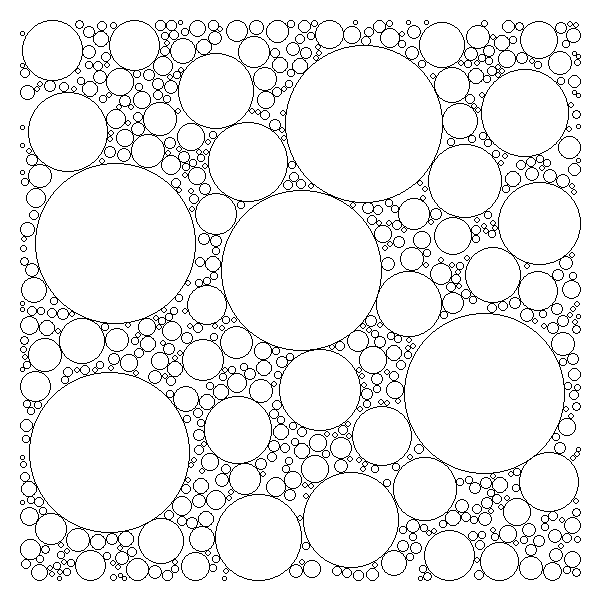 Circle packing specimen with nested circles of decreasing radius filling negative space through recursive Apollonian subdivision