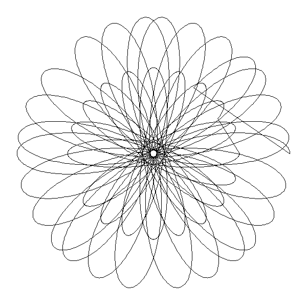 Geometric primitives specimen showing spirograph and Lissajous figures with radial symmetry drawn as parametric pen strokes