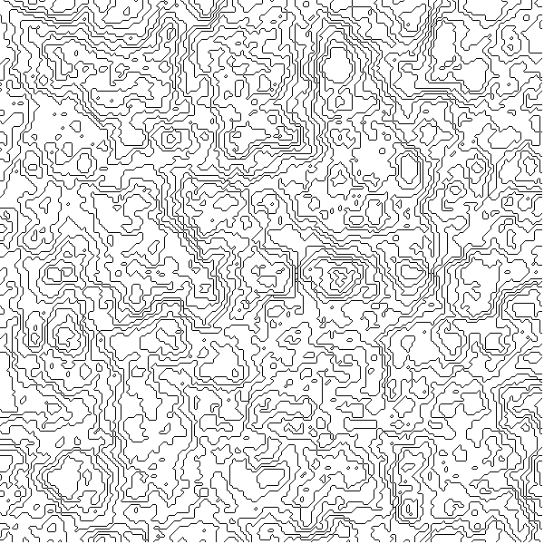 Noise and terrain specimen showing layered contour map with ridgelines derived from multi-octave Perlin noise