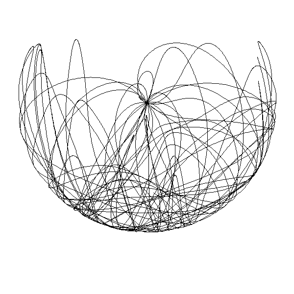 Physics simulation specimen showing chaotic pendulum trajectories traced as continuous overlapping pen strokes