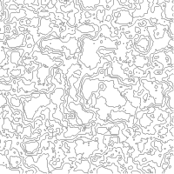 Reaction-diffusion specimen showing Turing patterns with spots and labyrinthine networks traced as concentration isolines