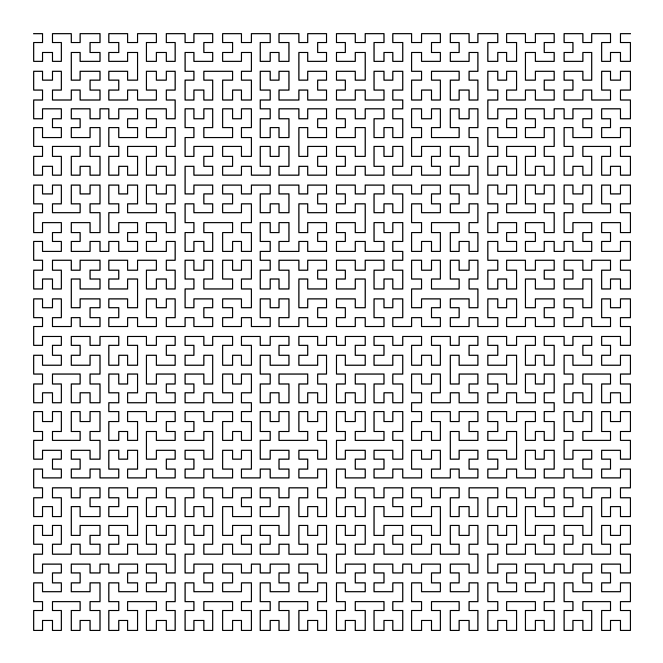 Space-filling curve specimen showing a Hilbert curve visiting every point in the grid as a single unbroken pen stroke
