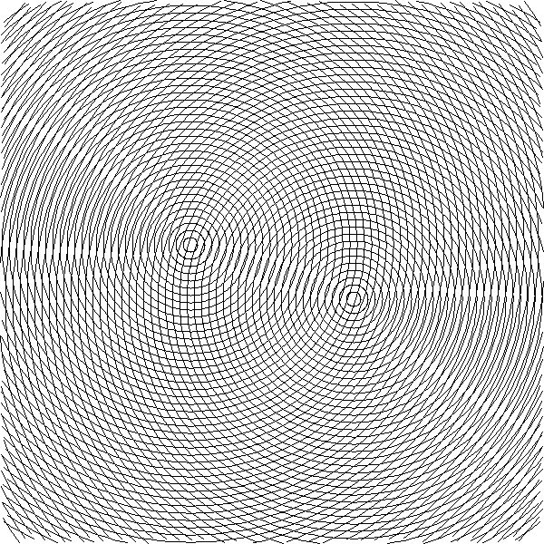Wave interference specimen showing superposition of sinusoidal point sources displacing parallel pen strokes into ripple patterns