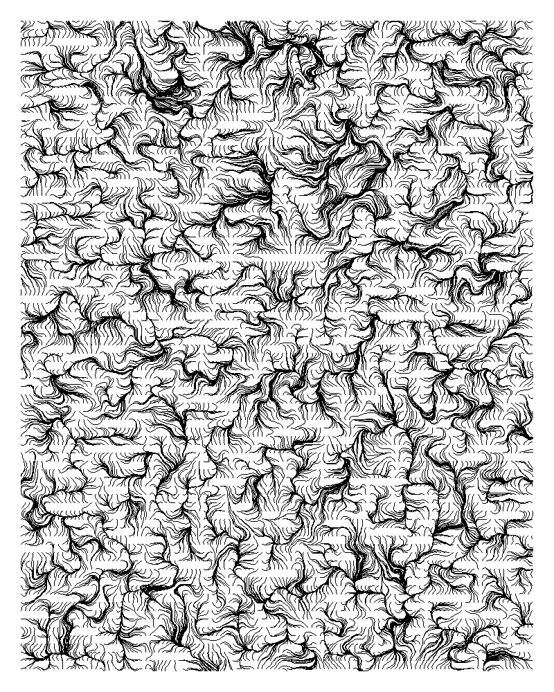 Curl noise flow field with laminar particle traces, strokes compressing and expanding like fluid streamlines