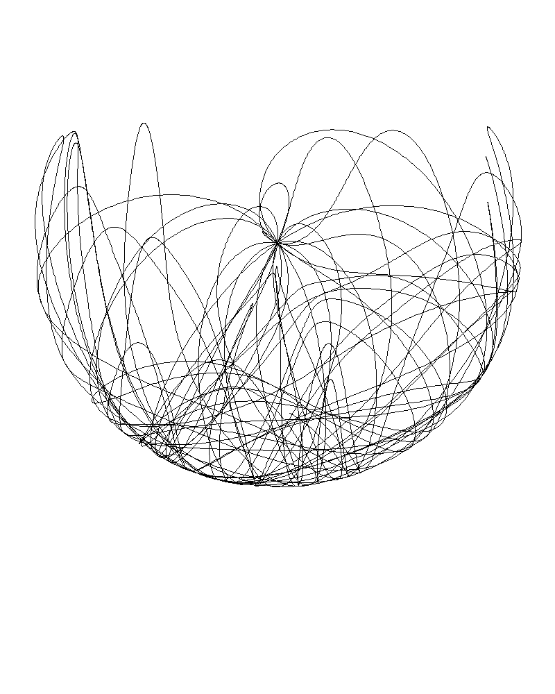 Double pendulum chaotic trajectory traced as a continuous pen stroke, dense tangled knots of overlapping motion paths